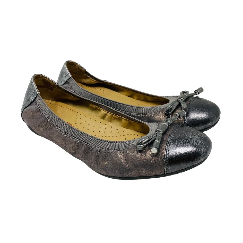 Geox Womens Size 35 US 5 Cap Toe Metallic Leather Ballet Flat Bow Detail